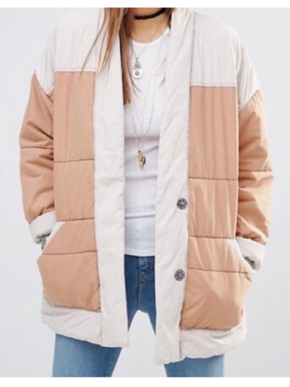 Free People Quilted Poplin Jacket Orange Beige Puffer Jacket Cotton Oversize XS